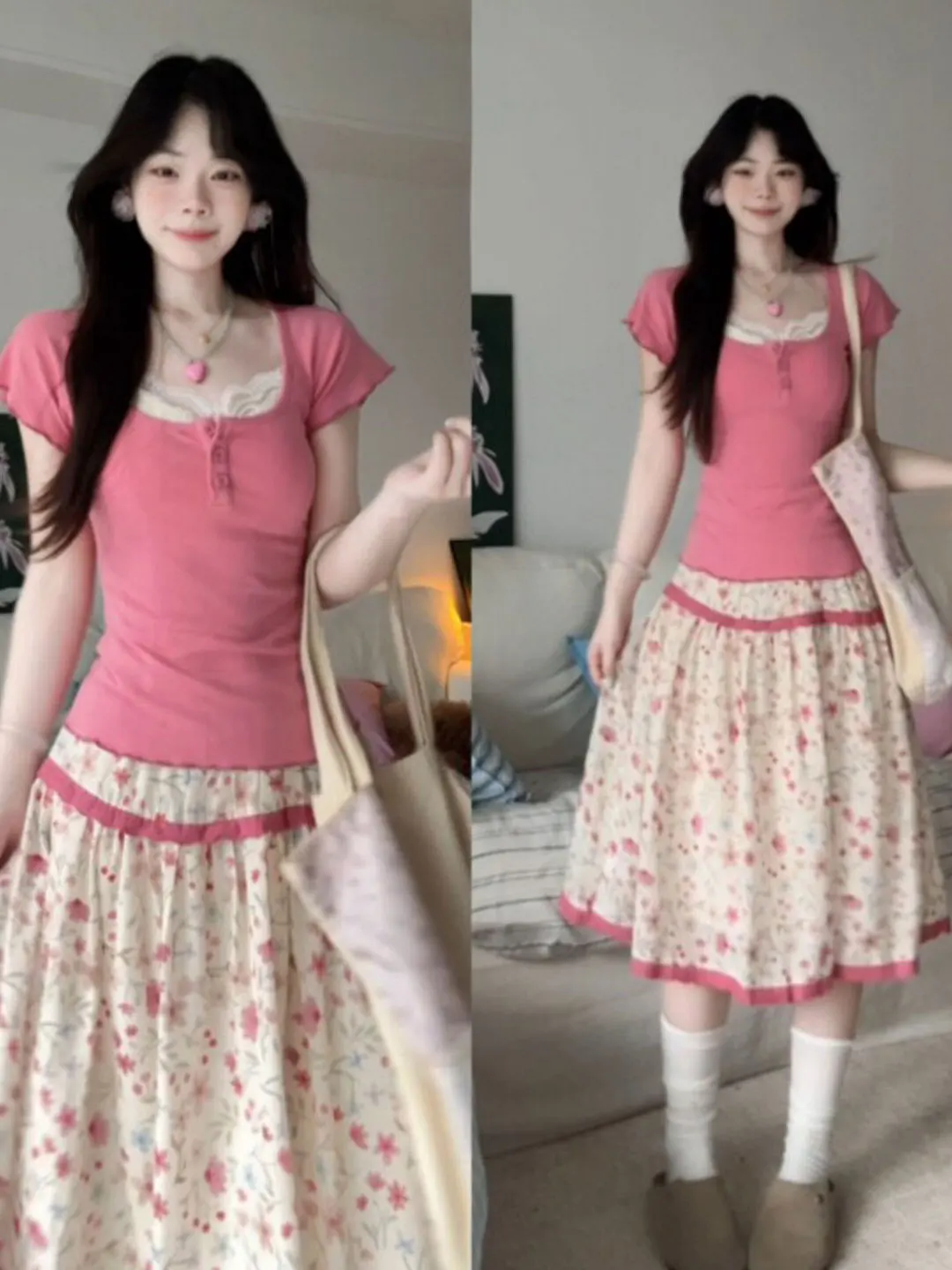 

Gentle Breeze Unique Beautiful Floral Half Skirt Two Piece Set Youthful Summer Collection Comfortable Short Sleeve T-Shirt