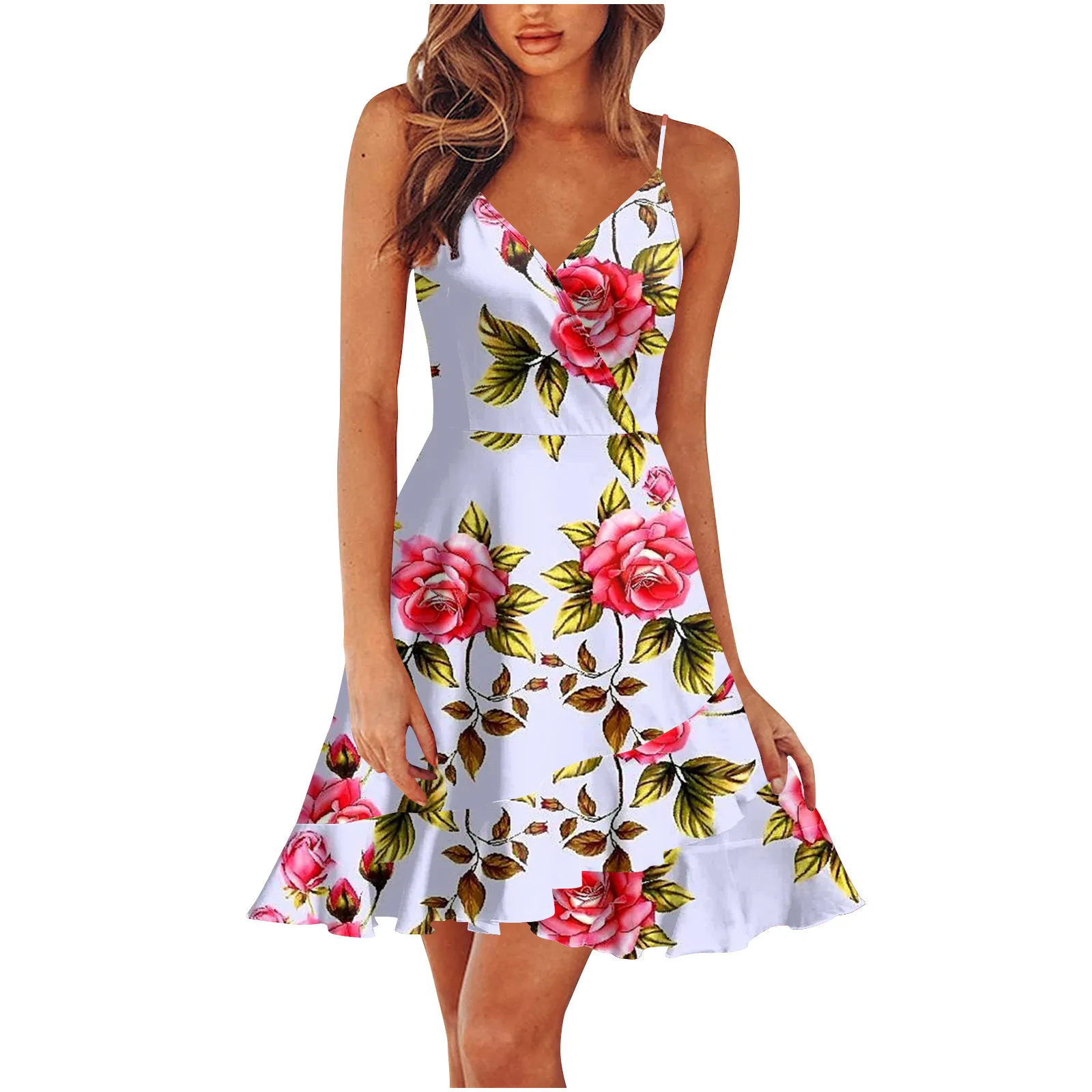 New 2024 Summer Rose print dress Women Mini Print Dress Casual Fashion Sleeveless Party Evening Mini Women\'s Dress Vestidos