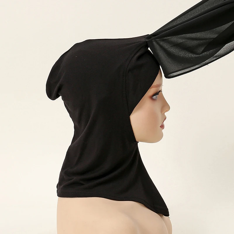 Ramadan Instant Hijab Set Long Neck Cap With Chiffon Scarf Solid Bonnet Hat And Scarf Combo Muslim Woman Hijab Shawl Wrap Turban