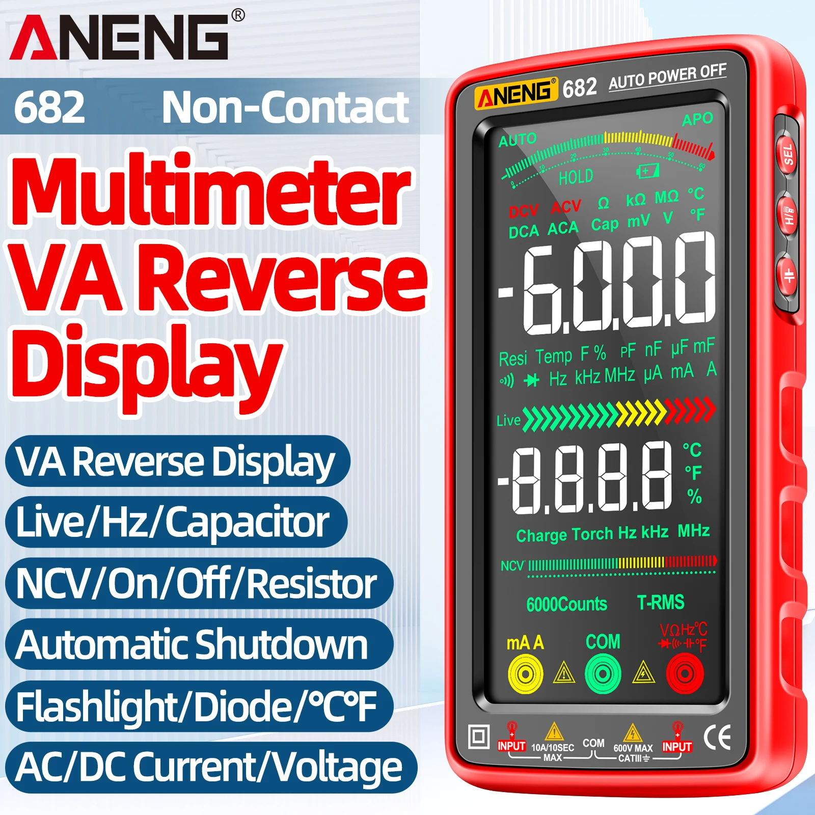 ANENG 682 Smart Multimeter 6000 Counts True RMS, Color Screen Auto Range, Live Zero Wire NCV AC DC Volt Current Auto Off Electri view 6