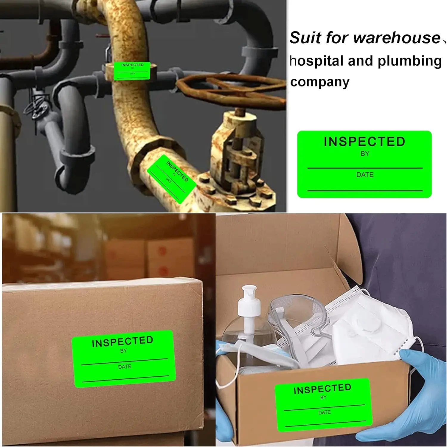 500 PCS 1 * 2 inch "Inspected by" Rectangle Labels Quality Control Inventory Labels Green labels Fluorescent Square Stickers