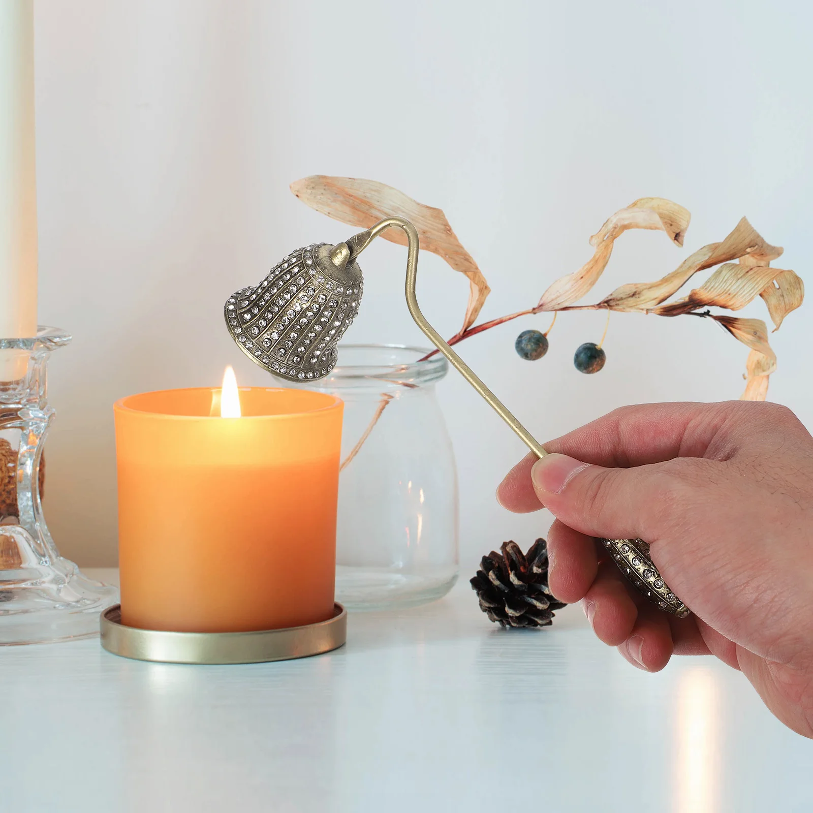 Vintage Rhinestone Snuffer Metal Wick Extinguisher Long Handle For Jar Pillar Tea Lights, Retro Accessory Safety