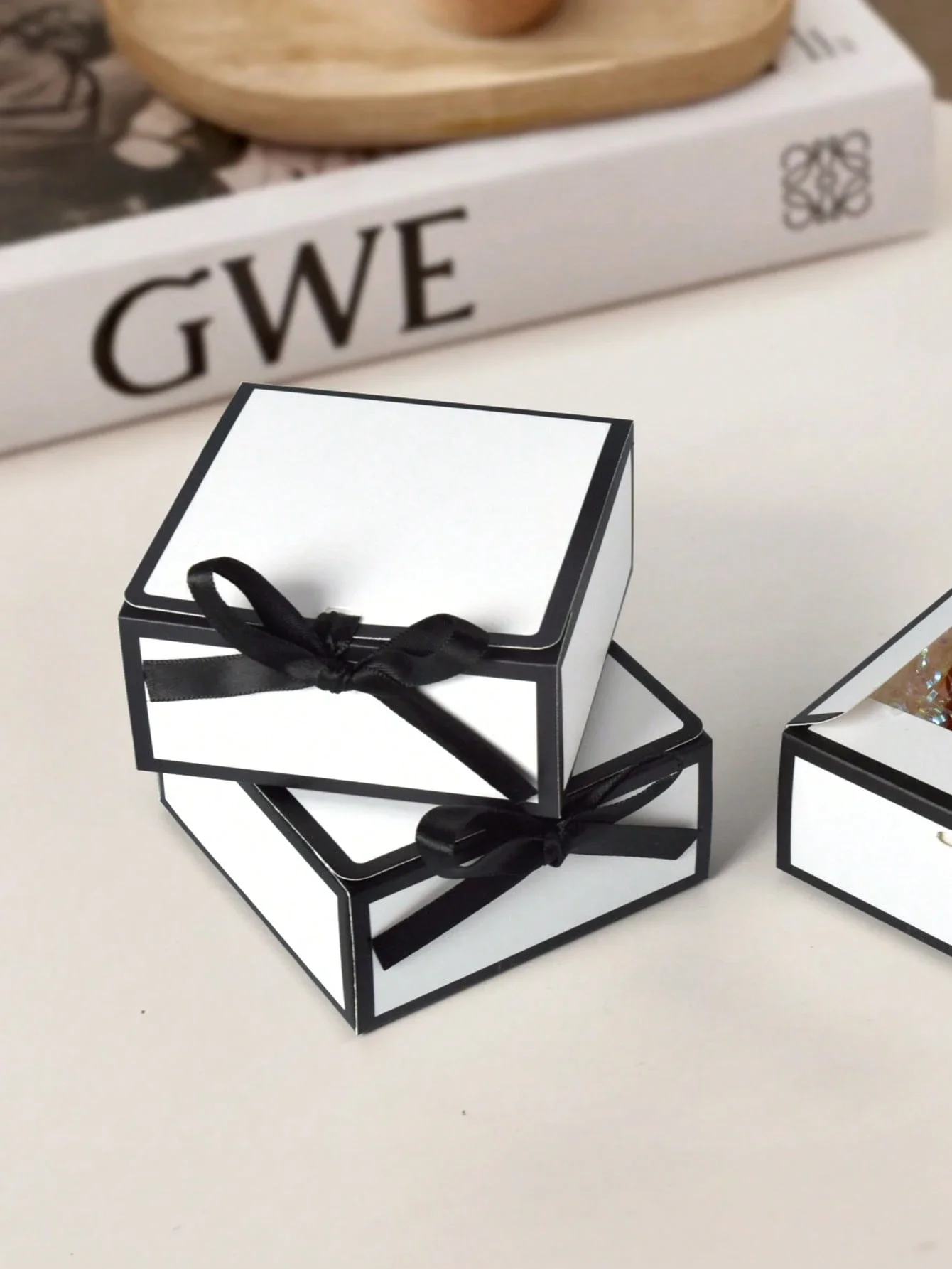 Minimalist Black White Flip Top Gift Box With Satin Ribbon For Jewelry Packaging