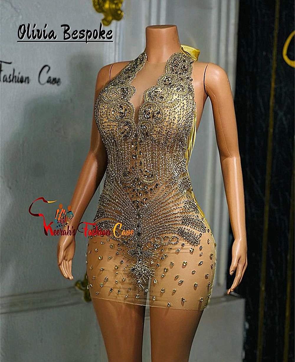Seductive Gold Crystal Beading Prom Dress Halter Birthday Dresses Black Girl 2024 Sheer Mesh Mini Cocktail Gown Customized