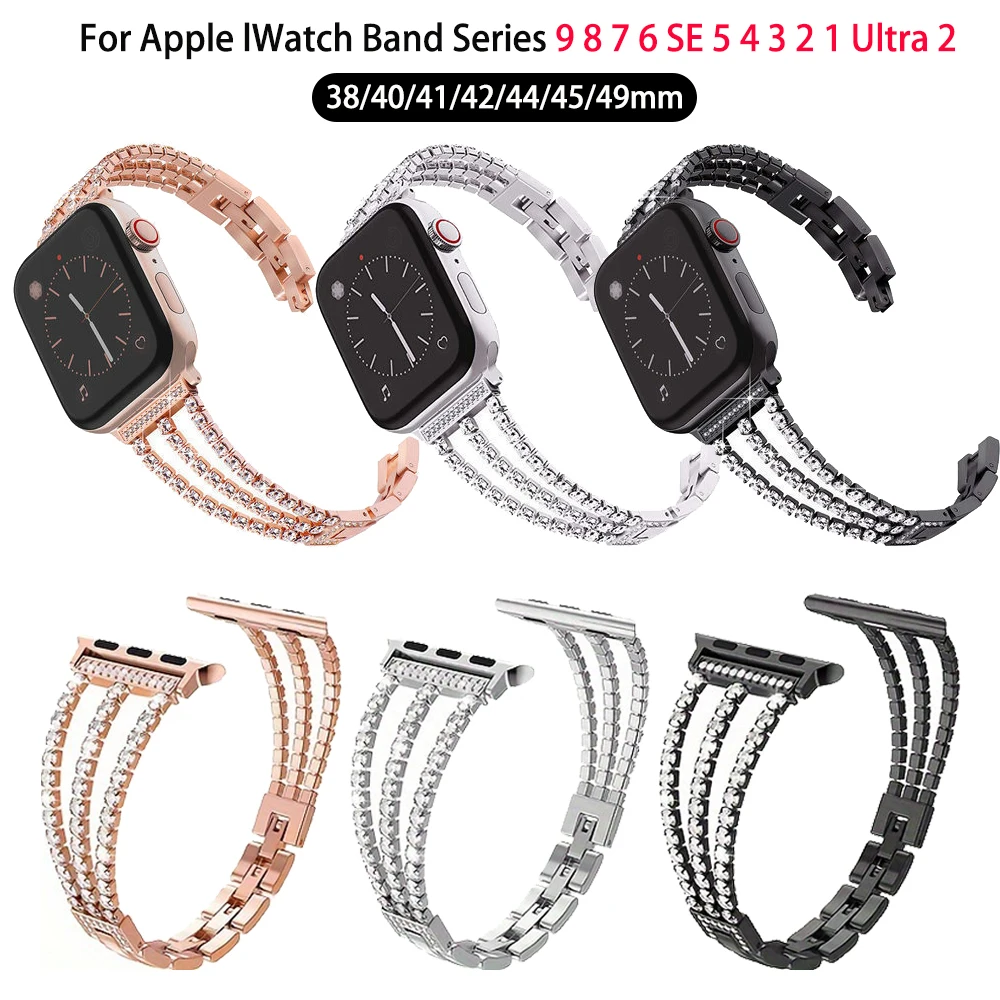Diamond Strap For Apple Watch Ultra 2 1 Band 49mm 45mm 44mm 40 42mm 41mm 46mm Chain Link Bracelet For IWatch 10 9 8 7 6 SE Strap