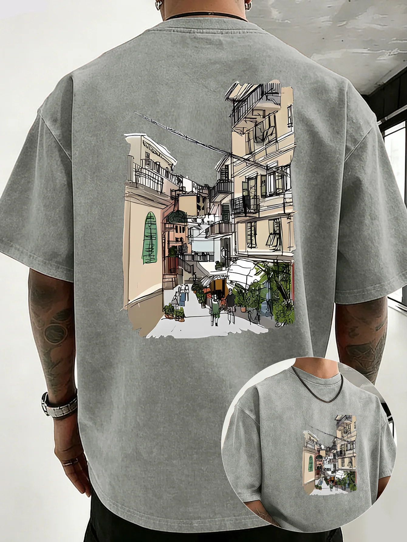 Art Street Scenery Double Print Unisex T-shirt, Loose Fit Breathable Tee, Vintage Landscape Top for Camping Hiking Commute S-3XL