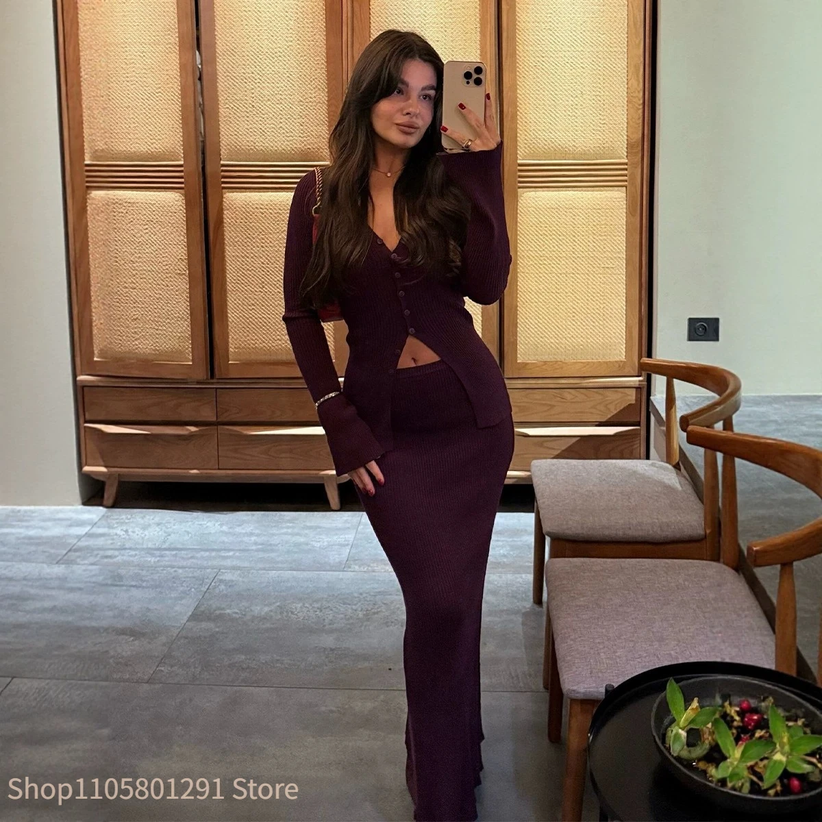 Women Ribbed Knit 2 Piece Outfit V Neck Flare Sleeve Cardigan High Waist Long Skirt Set Elegant Solid Matching Suit Spring Autum