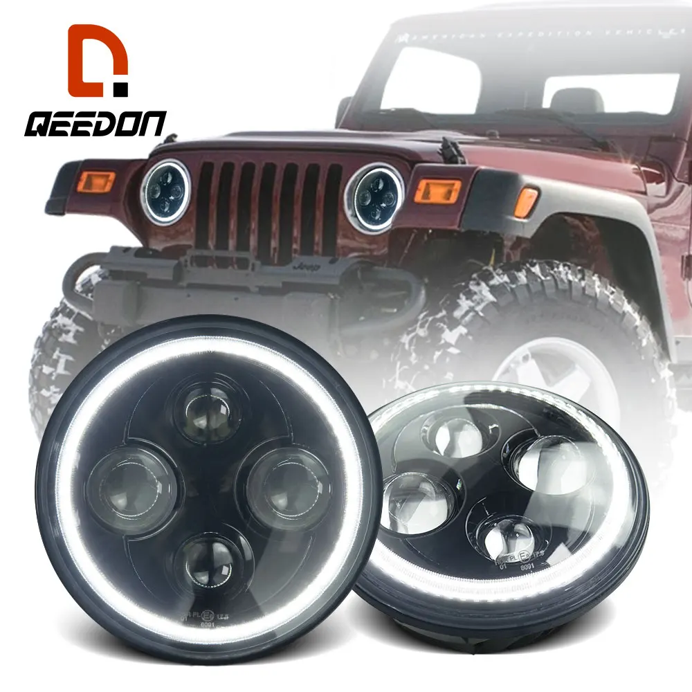 QEEDON US Warehouse Auto Lighting System H4 IP67 DRL 7 inch LED Halo Ring Amber Headlight LED for Jeep Wrangler Headlight