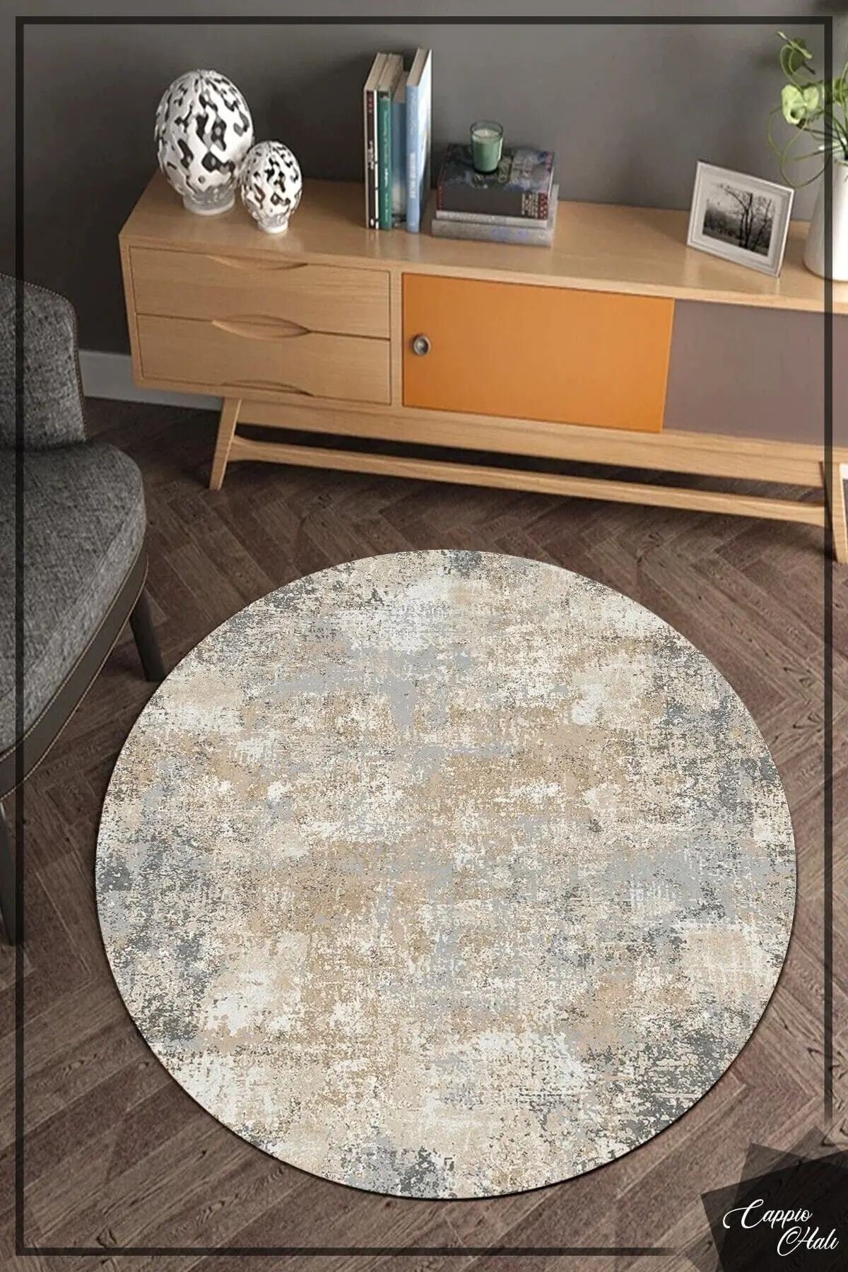 

Dovi gray-cream tumbled patterned round carpet (machine washable non-slip leather base)-Cp644