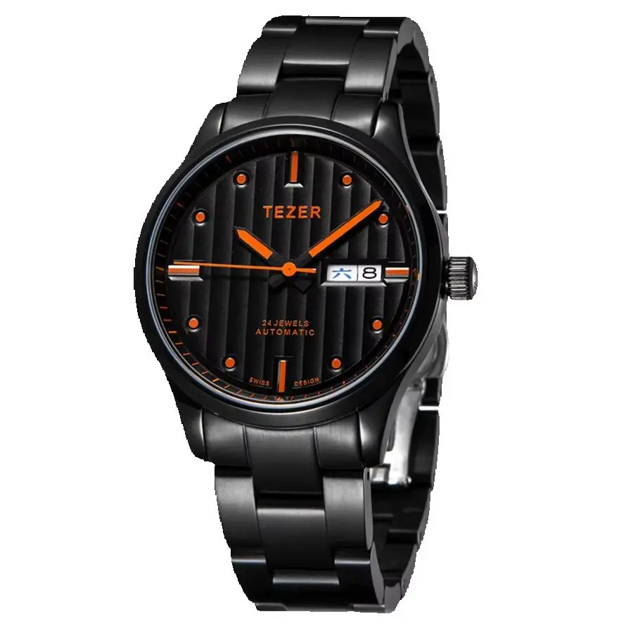 TEZER Men Automatic Watch | All Black Steel Band | Black Textured Dial | Day Date | 5ATM Waterproof Mechanical Wristwatch