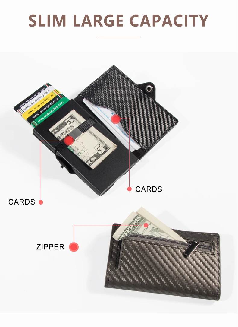 Men Business Rfid Wallet Slim Carbon Fiber Wallet Metal ID Credit Card Case Money Bag with Zipper Pocket
