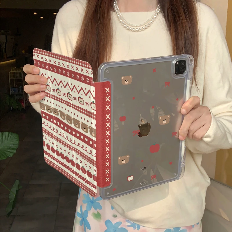 Cute Bear Red Apple Love Tablet Case For iPad Pro 11 12.9 13 M2 M4 M3 M5 Shell 8.3 9.7 10.2 5/6/7/8/9/10/11th Air 3 4 5 6 Cover