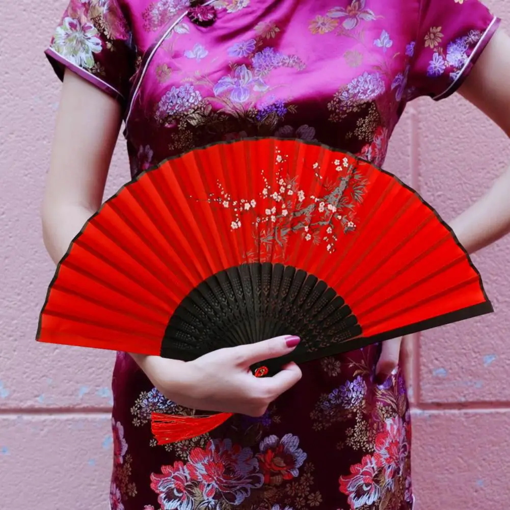 Handheld Chinese Fan Floral Print One Piece Bamboo Folding Fan Decorate Faux Silk Wooden Antique Fan Festival