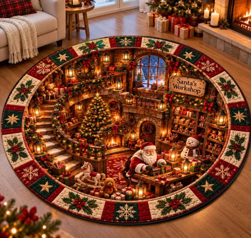 2D Illusion Santas Workshop Underground Spiral Round Rug Festive Christmas Holiday Illusion Floor Mat Circle Carpet Home Decor