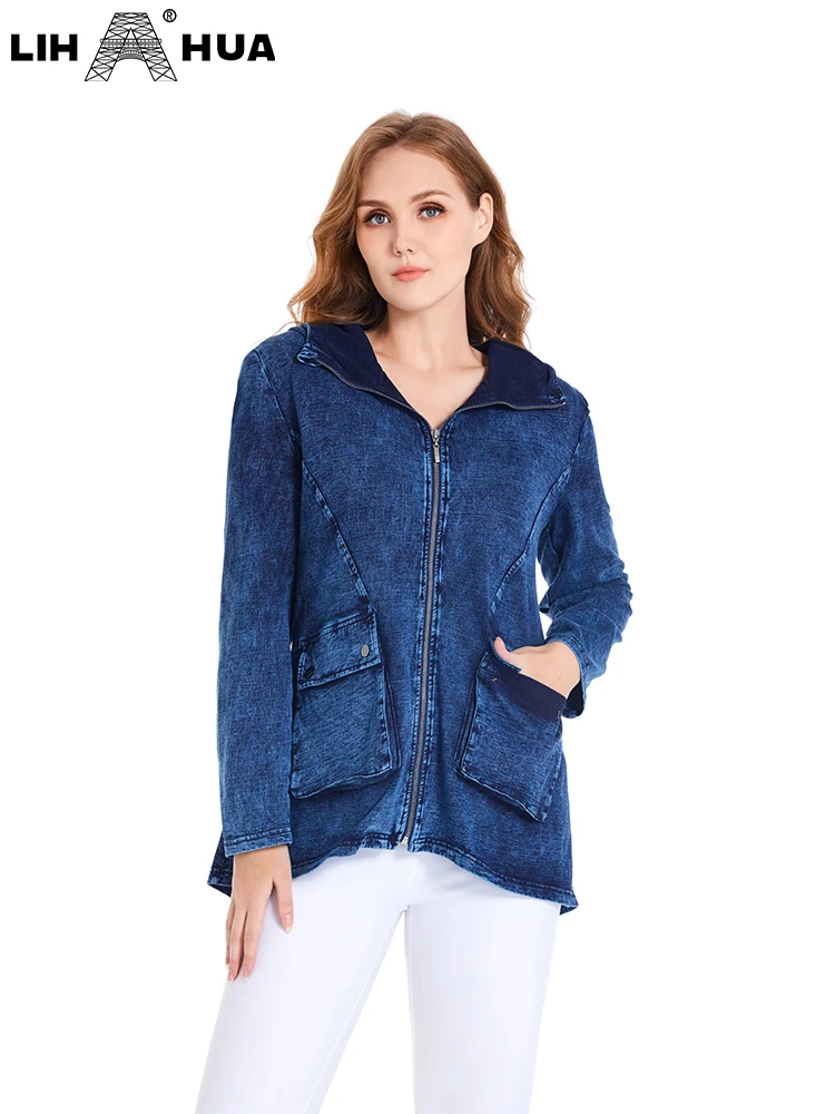 LIH HUA Women\'s Plus Size Denim Jacket Autumn Chic Elegant Jacket For Chubby Women Cotton Hooded Knitting Jacket