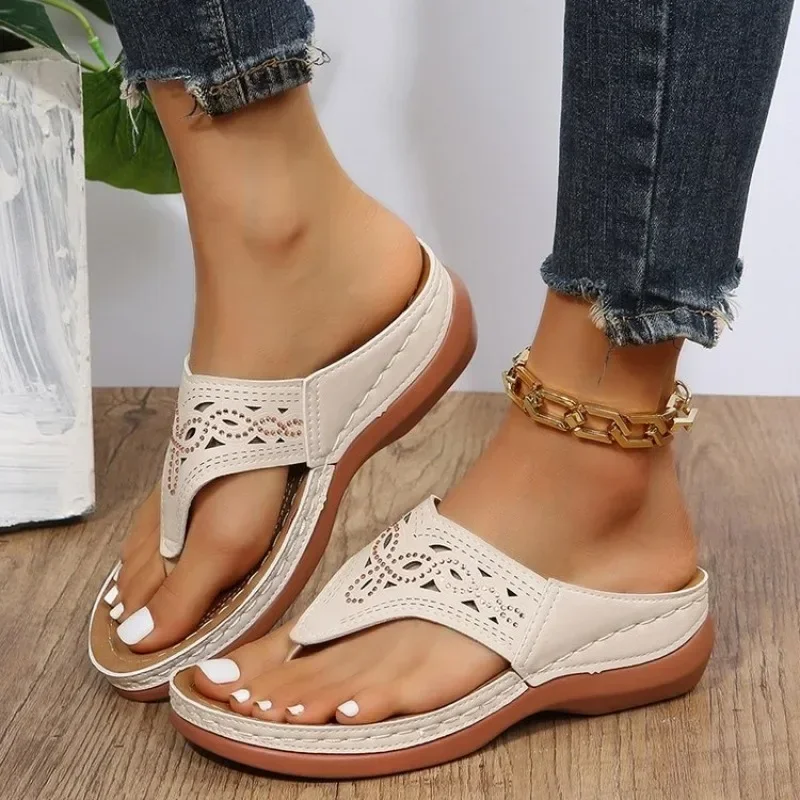 2024 New Fashion Solid Color Wedge Women's Slippers Open Toe Summer Casual Flip-Toe Comfortable Outerwear Women's Slippers