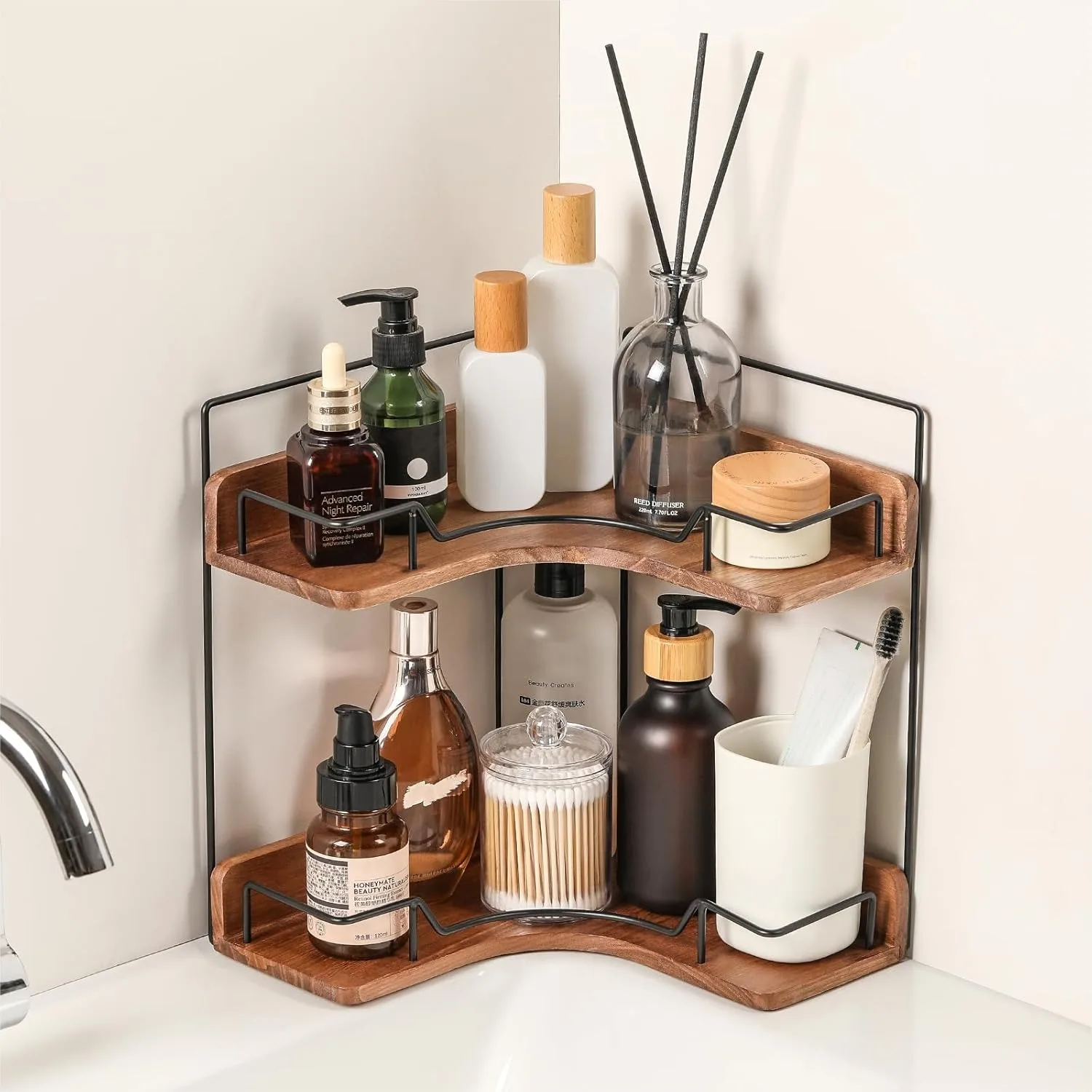 

2-Tier Bathroom Counter Organizer, Wooden Corner Shelf for Vanity Skincare & Makeup Storage, Easy 1-Min Setup