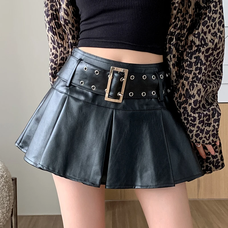 Harajuku Hotsweet High Waist Belt PU Pleated Skirt Women All Season Girls Sexy Cute Streetwear Y2k Mini Skirts Cheap Wholesale