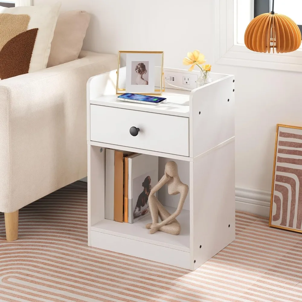 

Nightstand with Charging Station, End Tables with Drawer and Opening Shelf, Side Table with USB Ports and Outlets, Nightstand