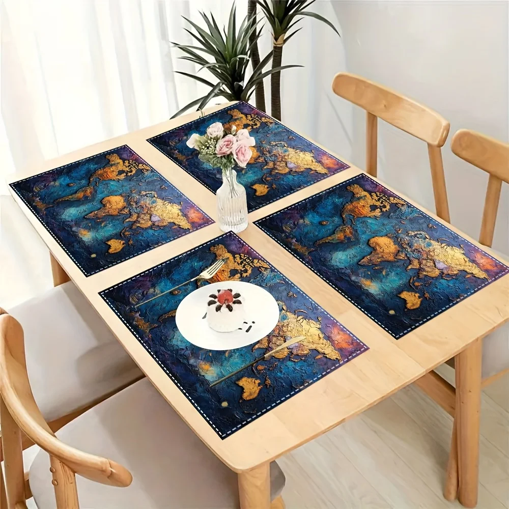 4pcs, World Map Placemats Set of 4 Vintage Style Linen Table Mats Travel Theme Decor