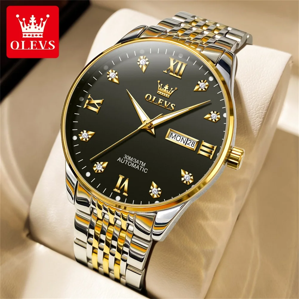 

OLEVS Brand New Fashion Mechanical Watch for Men Luxury Stainless Steel Waterproof Luminous Hands Week Date Mens Wristwatches