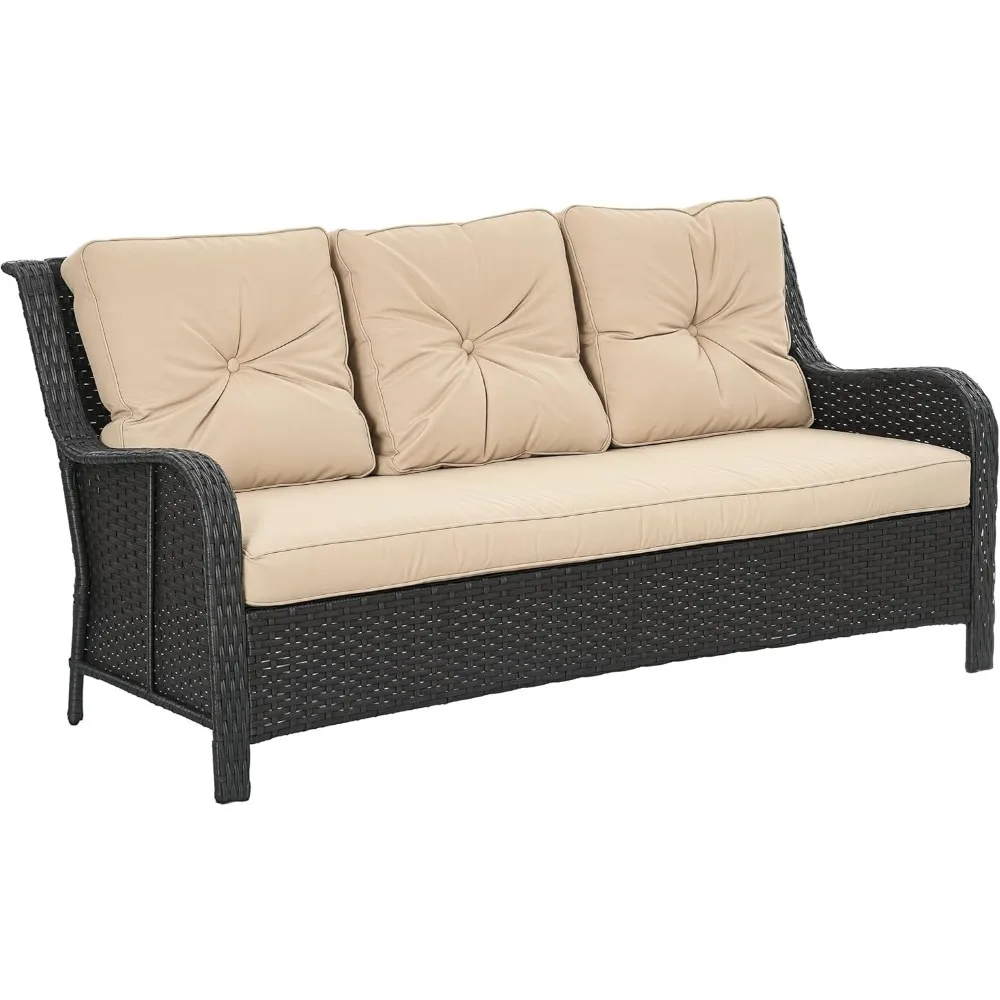 

"3-Person Outdoor Sofa with 4-Inch Cushions, PE Rattan Patio Couch with Curved Armrests for Sunroom"