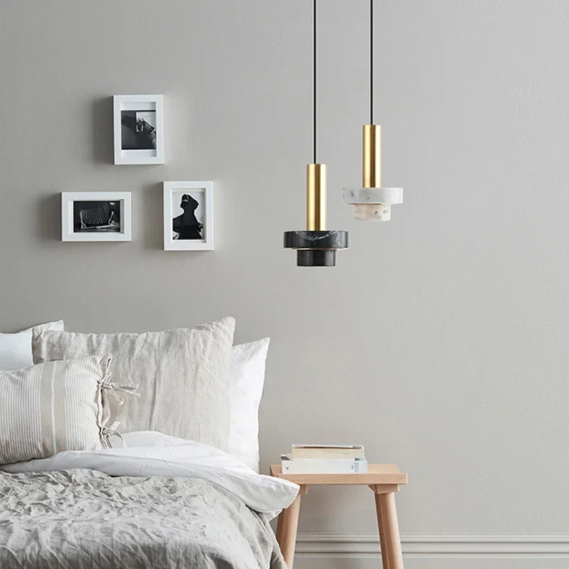 

Nordic Pendant Light Bedroom Bedside Chandelier Modern Natural Marble Terrazzo Pendant Lamp Led Bar Restaurant Stone Chandelier