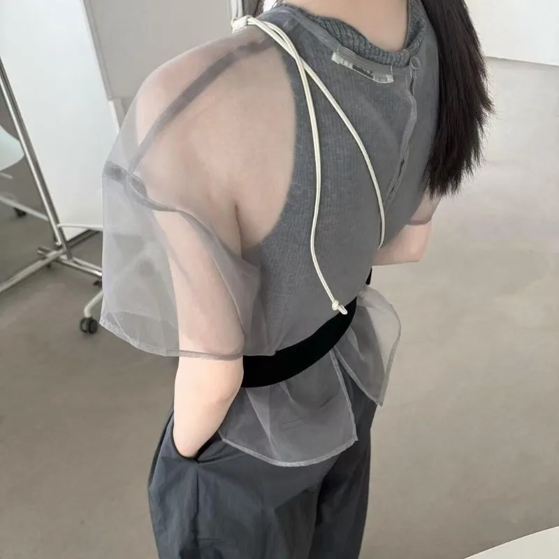 Women's 2026 Summer New Korean Old Money Gray Organza Mesh Sheer Short Sleeve Cardigan Layering Top Vintage Chic Elegant Y2K