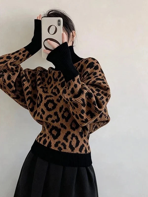 

Ретро-свитер с леопардовым принтом, высоким воротником и рукавами-фонариками, облегающий, в корейском стиле, свободного кроя, мягкий, уютный, новинка зимы