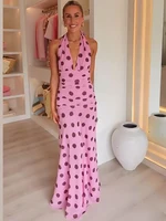 JULISSA MO estampado de lunares Halter mujeres Maxi vestido rosa Sexy espalda descubierta vestido con cuello en V mujer verano ajustado elegante vestido de noche de fiesta