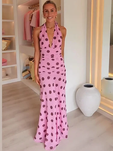 JULISSA MO estampado de lunares Halter mujeres Maxi vestido rosa Sexy espalda descubierta vestido con cuello en V mujer verano ajustado elegante vestido de noche de fiesta
