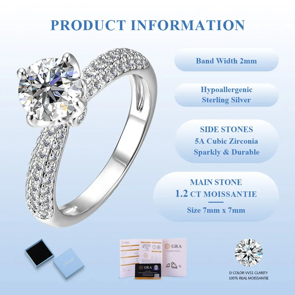 

Luxury 1.2ct Moissanite Engagement Ring 925 Silver 18K White Gold Plated Jewelry Premium Fine Jewelry for Women Ladies Bride