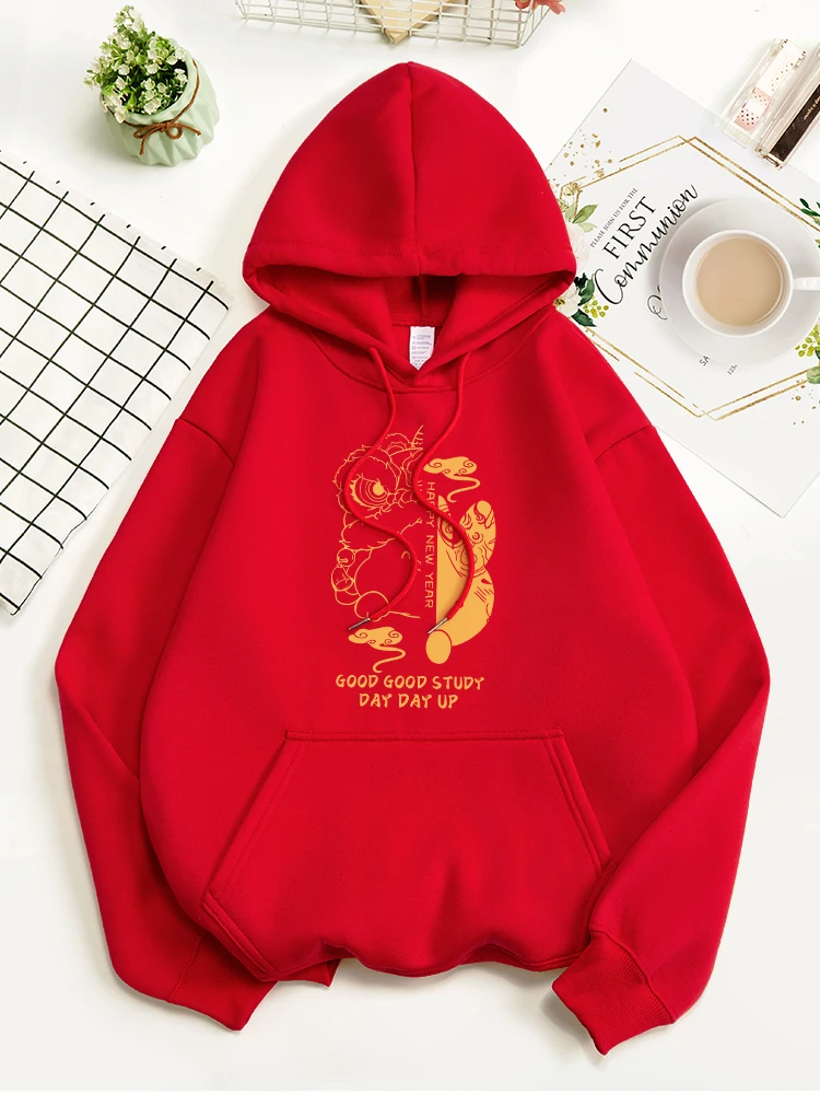 

Good Good Study Day Day Up Lion Dance Celebrate The New Year Cotton Hoodie Trend Warm Sweatshirt Harajuku Sweatwear Sports Sweat