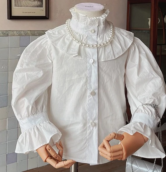 Baby Girl Shirt 2025 Spring and Autumn New Style Sweet Stand Up Collar Long Puff Sleeve Fashion and All-match Kids Shirt