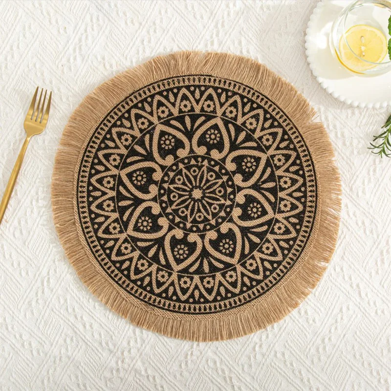 4Pcs Bohemian Style Round Heat-Insulating And Scalding-Proof Dining Mat With Diameter Of 38Cm Anti-Skid Tassel