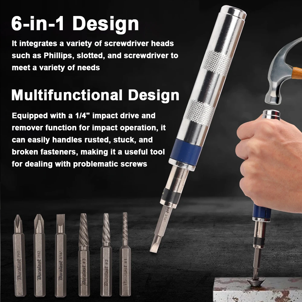 6in1 Screwdriver Set 1/4-inch Impact Drive Rusted Stuck Broken Fasteners Remover with Complete Specifications