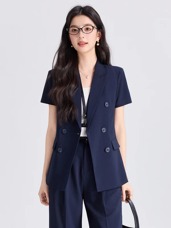 Elegant Waist-Cinching OL Workwear Suit Women's Summer New Pure Color Commute Formal Simple Dry Business Suit Set