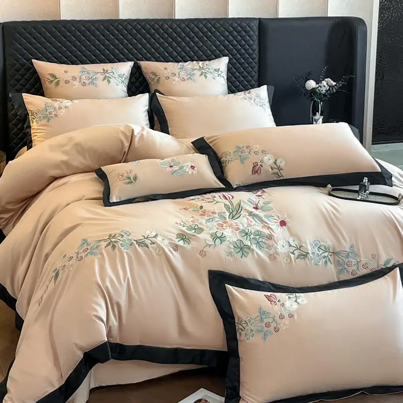 

French Hepburn Style A Class Long Staple Cotton Four-piece Set Romantic Floral Embroidery Cotton Duvet Cover Fitted Bedding Set