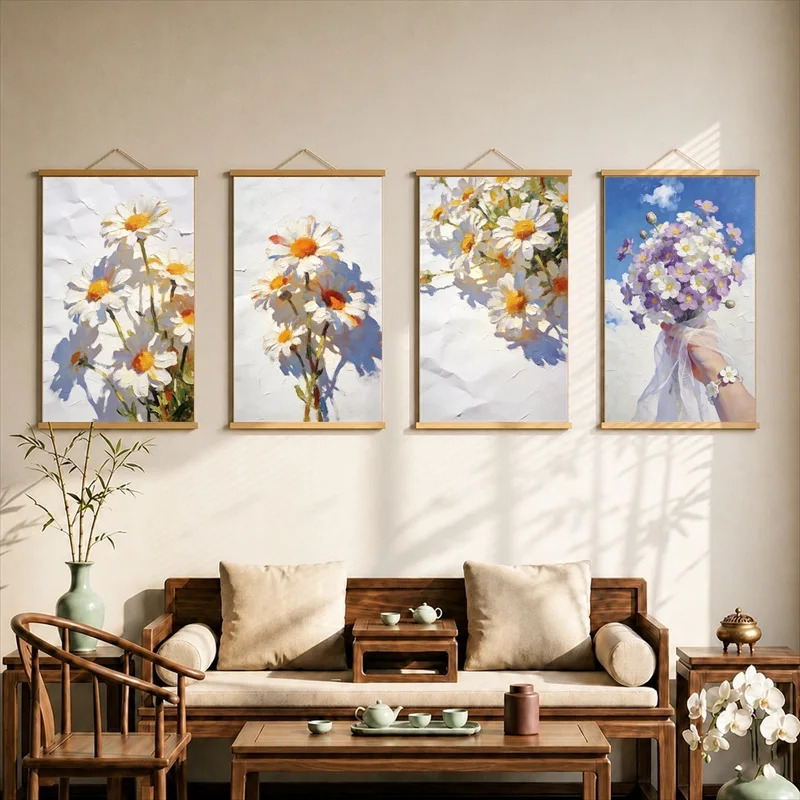 Wall Art White Daisies in Bright Spring Light, Cheerful Botanical Pearlescent Canvas Wall Hanging Scroll for Dessert Cafe Decor