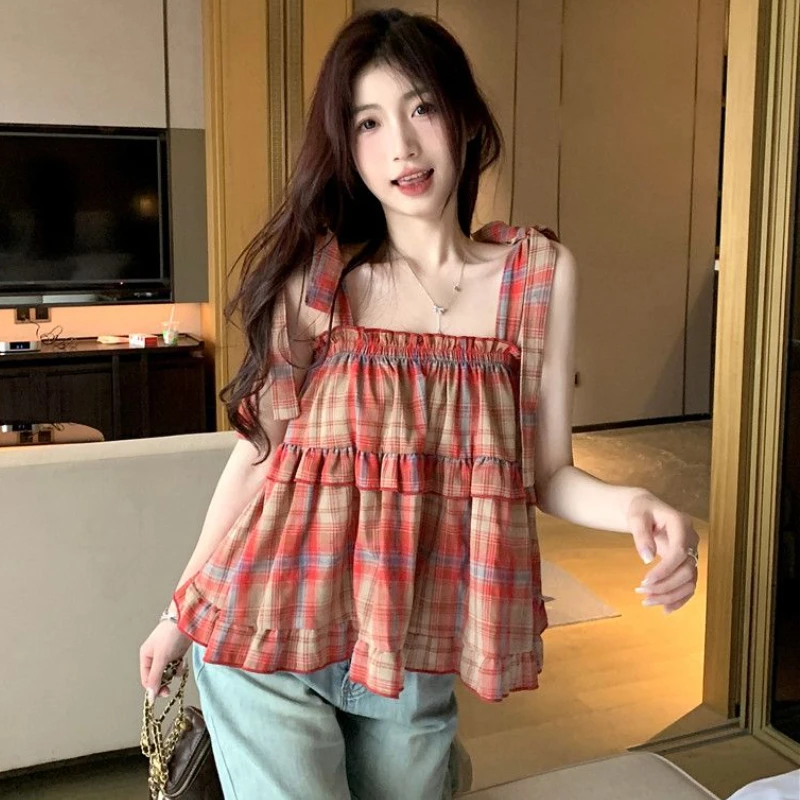 Red Plaid Sleep Tops Women Baggy Vintage Bandage Home Casual Hotsweet Sleepwear Tender Soft All-match Students Korean Fashion