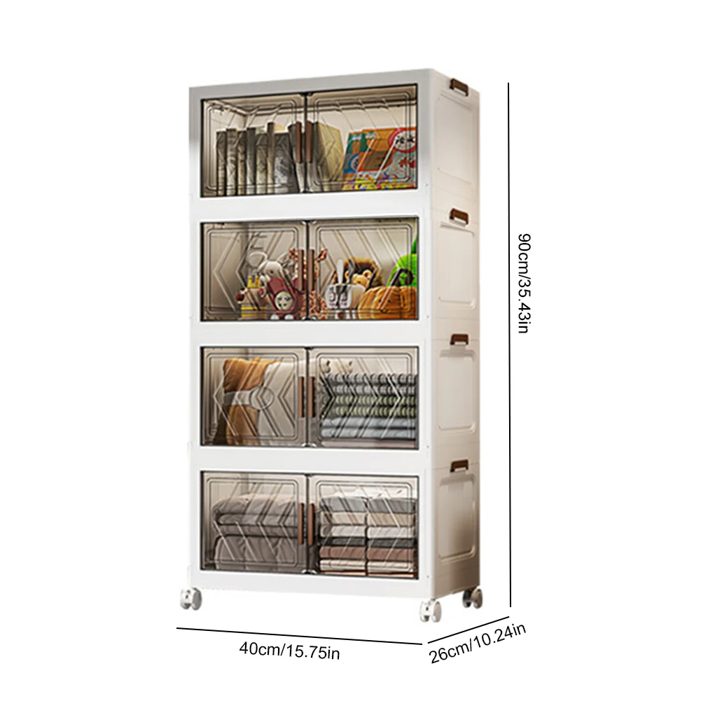 4 Tier Plastic Storage Containers with Doors & Wheels Foldable Organization Plastic Storage Box for Living Room Bedroom Office
