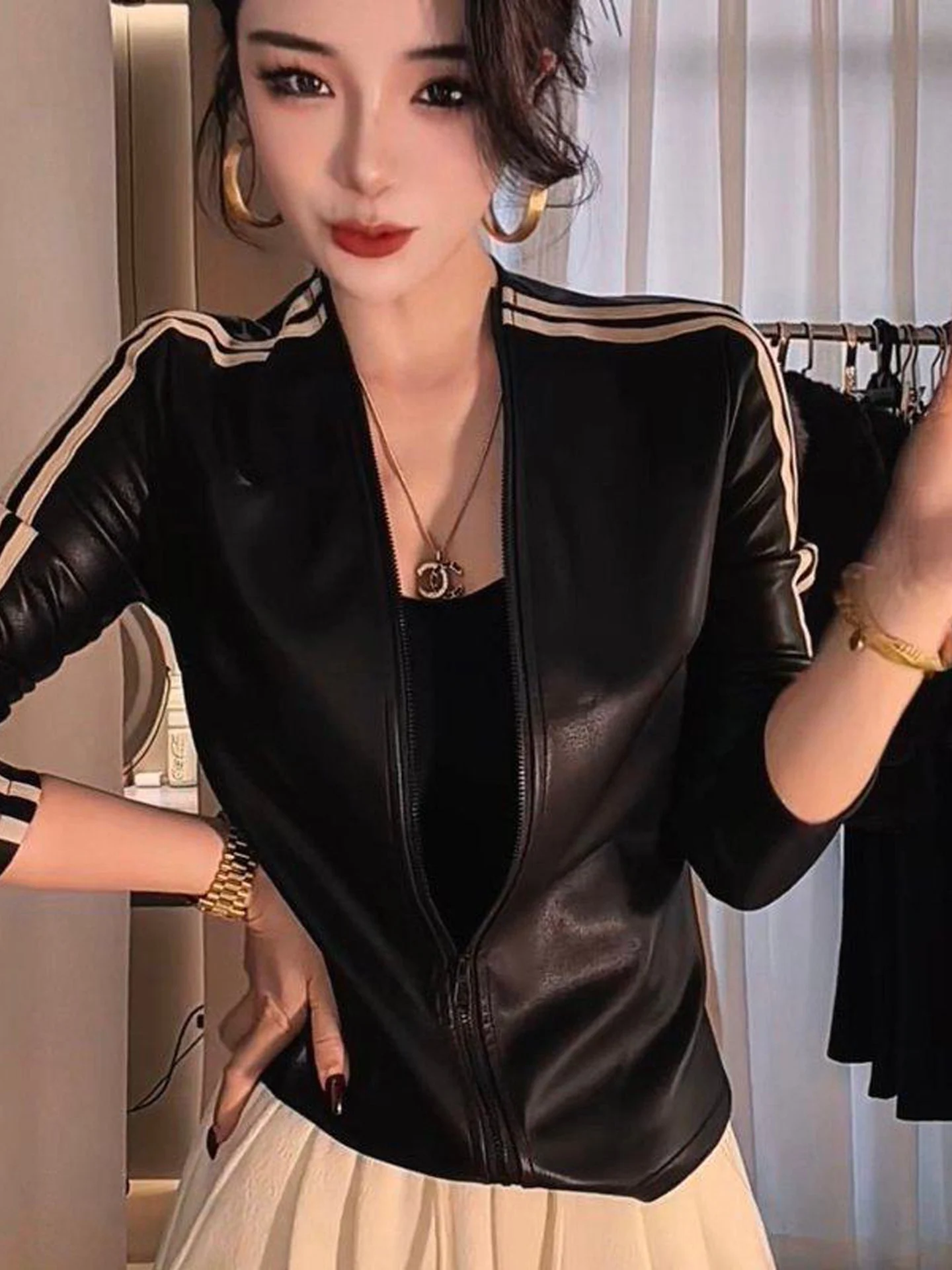 Fashionable PU Coat Women's Slim Fit Long Sleeve Short Top Color Block Weave Design Casual Style Autumn New Arrival