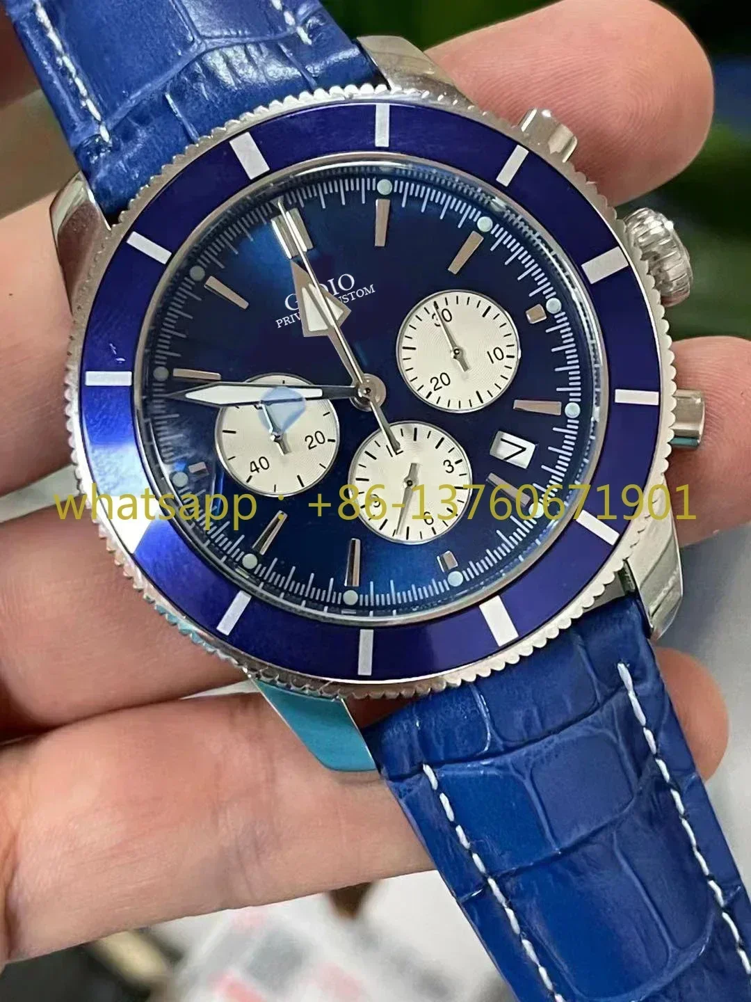 Luxury New Mens Black Blue Leather Quartz Chronograph Watch Stainless Steel Sport Fashion Ceramic Watches