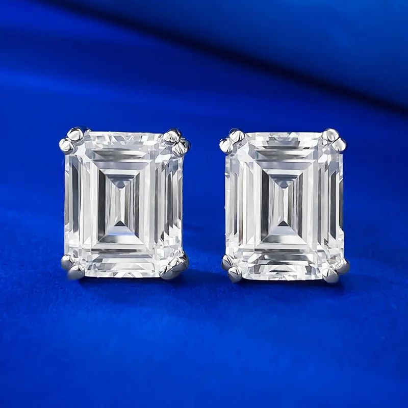 S925 Sterling Silver High Carbon Diamond White Diamond 8 * 10mm Simulated Diamond Rectangular Diamond Earrings