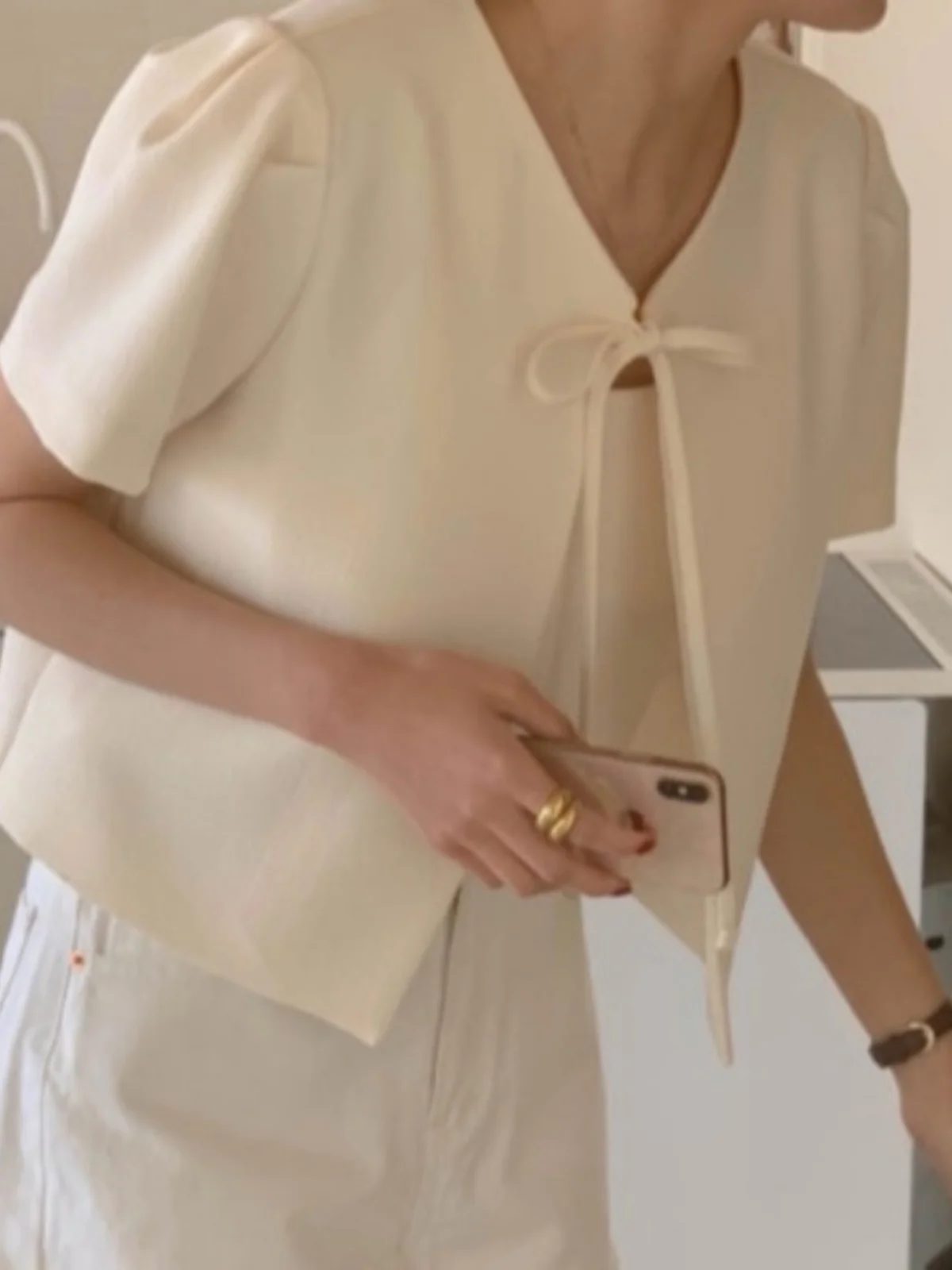 

Chic Summer New Sle Knot Design Loose ort Bubble Sve Coat for Women V Ne Pure Color Versatile Faionable