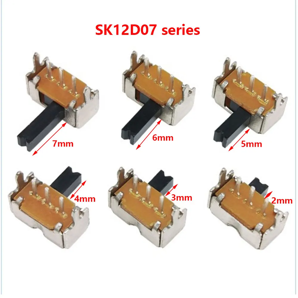 

20Pcs SK12D07 Handle High 2/3/4/5/6/7mm SPDT 3 Pin PCB 2 Position 1P2T Side Knob SK12D07VG2/3/4/5/6/7 Miniature Slide Switch