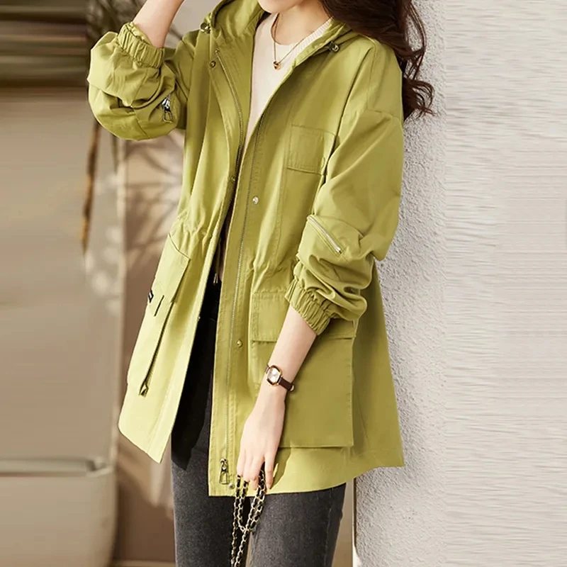 

New Korean Women Trench Coat Spring Autumn Casual Hooded Pocket Loose Khaki Windbreake Female Outerwear Gabardina Mujer Coats