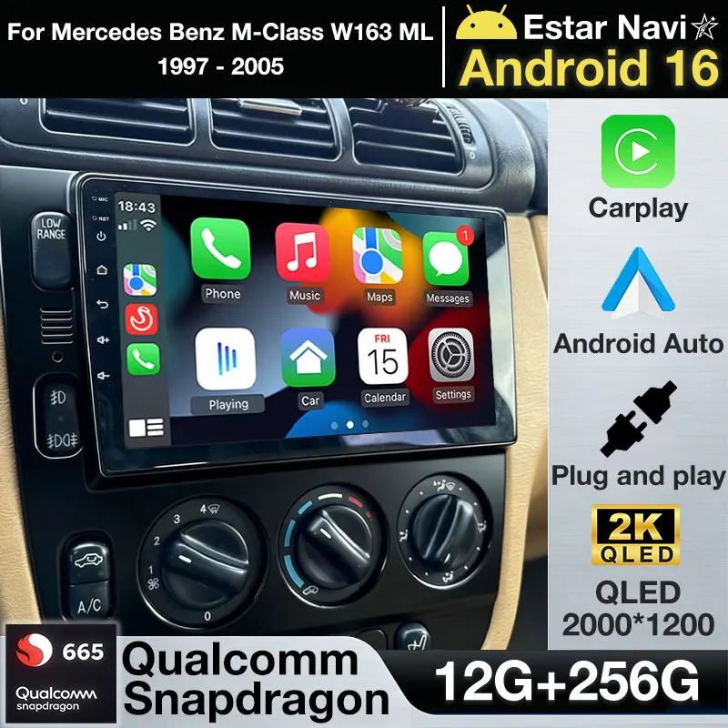 Android 16 Car Radio For Mercedes Benz M-Class W163 ML 1997 - 2005 GPS Multimedia Player Navi Carplay Stereo Head Unit 360Camera