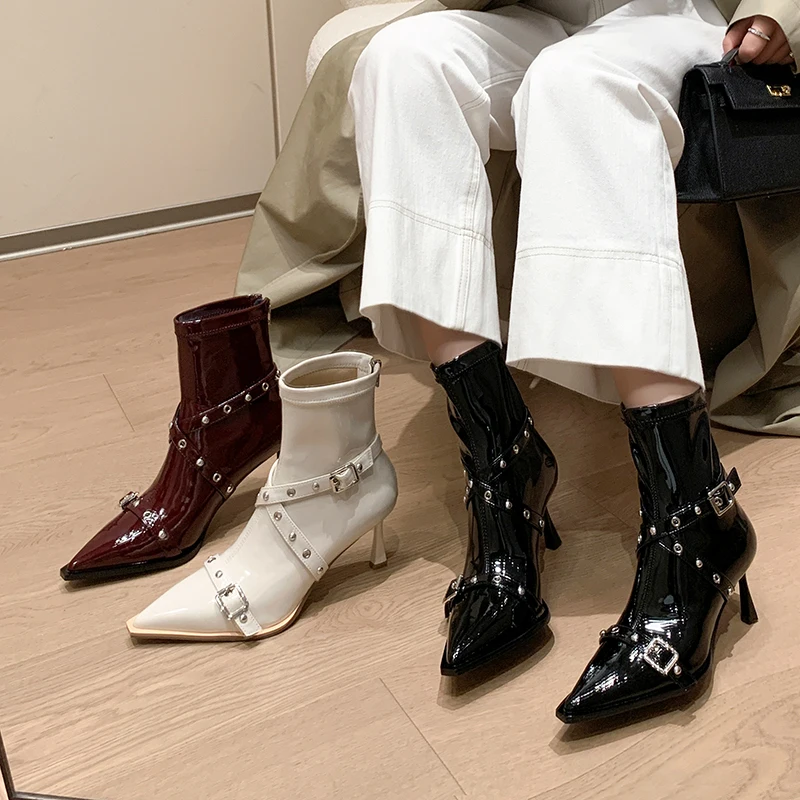 

Women Pointed Toe Belt Buckle Stiletto Heel Slim Fit Punk Biker Ankle Boots