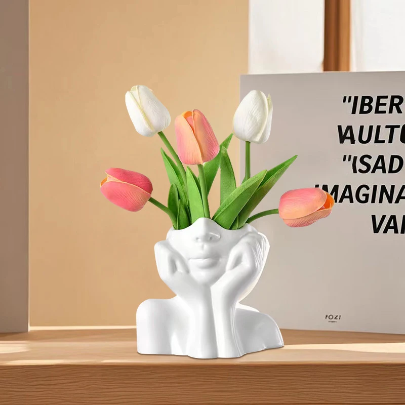 Creative Vinyl Record Shape Flower Vase Thinking Lady Statue Nordic Aesthetic Desktop Planter Living Room Bookcase Shelf Decor